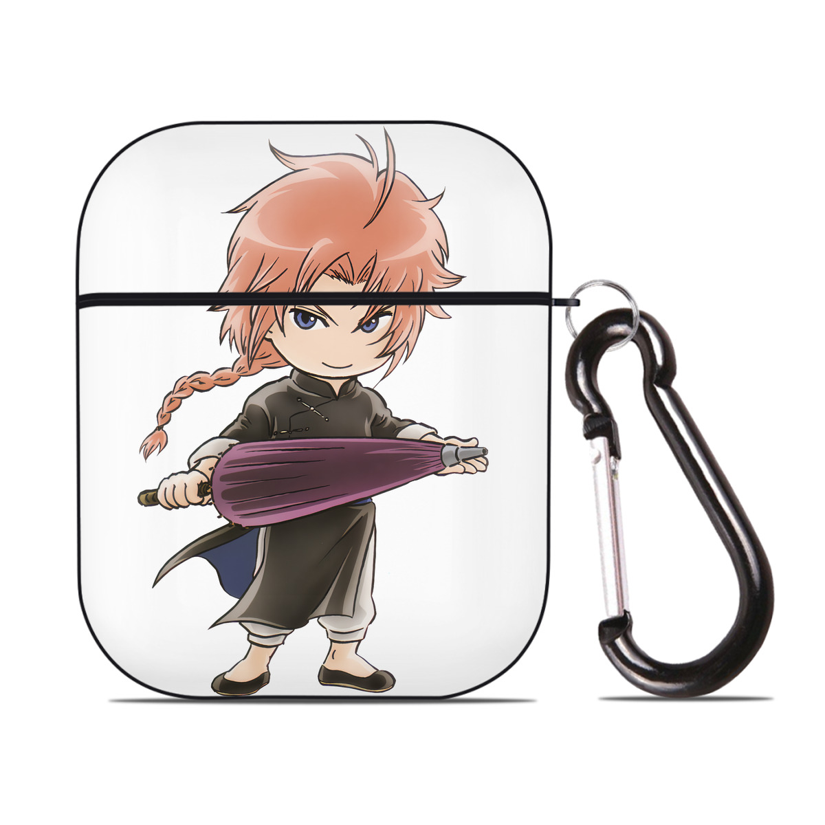 （画像用） ぎんたま 坂田銀時（さかたぎんとき） 神楽 志村新八（しむら しんぱち） GINTAMA Sakata Gintoki Kagura Shimura Shinpachi AirPods 第2世代保護ケース ハードシェル ブラック 耐衝撃・防指紋・カラビナ付き