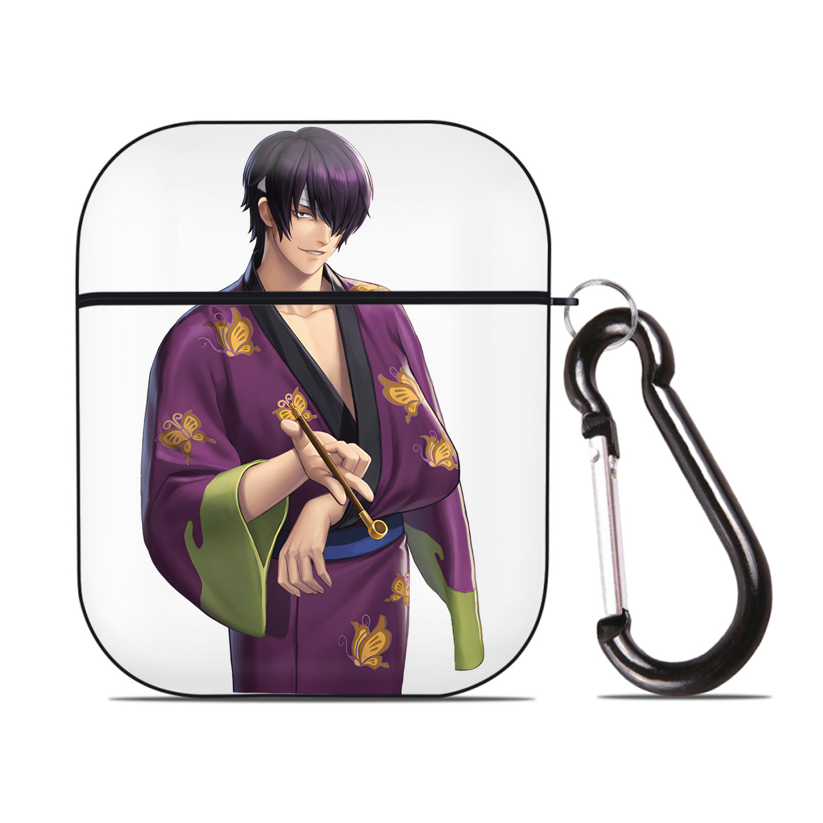 （画像用） ぎんたま 坂田銀時（さかたぎんとき） 神楽 志村新八（しむら しんぱち） GINTAMA Sakata Gintoki Kagura Shimura Shinpachi AirPods 第2世代保護ケース ハードシェル ブラック 耐衝撃・防指紋・カラビナ付き
