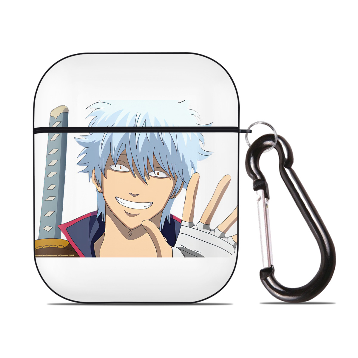 （画像用） ぎんたま 坂田銀時（さかたぎんとき） 神楽 志村新八（しむら しんぱち） GINTAMA Sakata Gintoki Kagura Shimura Shinpachi AirPods 第2世代保護ケース ハードシェル ブラック 耐衝撃・防指紋・カラビナ付き