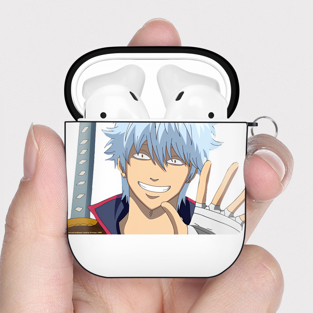 （画像用） ぎんたま 坂田銀時（さかたぎんとき） 神楽 志村新八（しむら しんぱち） GINTAMA Sakata Gintoki Kagura Shimura Shinpachi AirPods 第2世代保護ケース ハードシェル ブラック 耐衝撃・防指紋・カラビナ付き