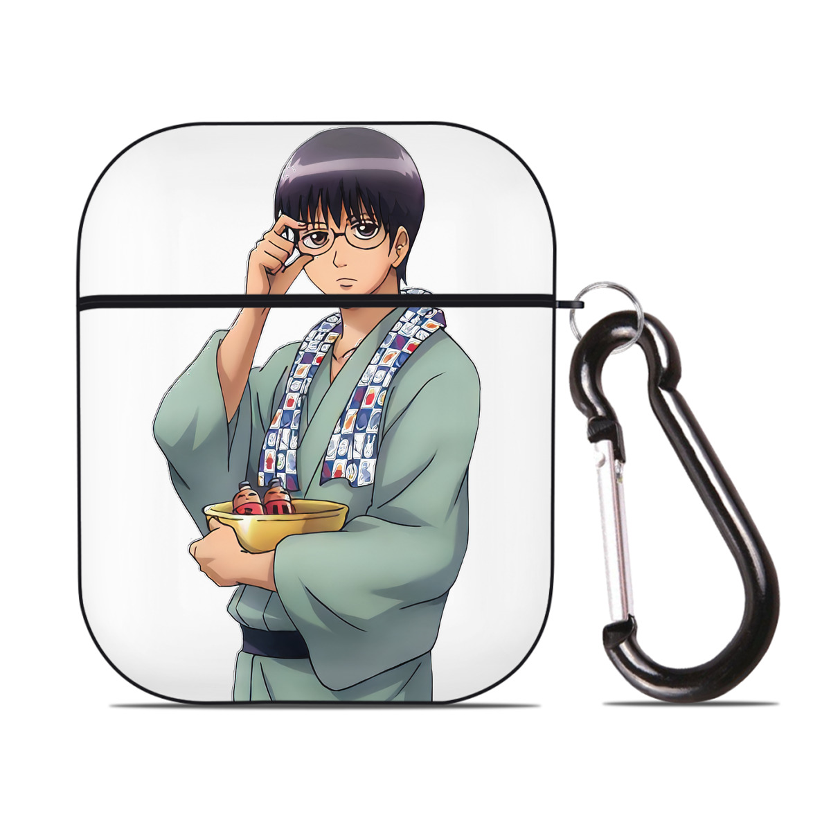 （画像用） ぎんたま 坂田銀時（さかたぎんとき） 神楽 志村新八（しむら しんぱち） GINTAMA Sakata Gintoki Kagura Shimura Shinpachi AirPods 第2世代保護ケース ハードシェル ブラック 耐衝撃・防指紋・カラビナ付き