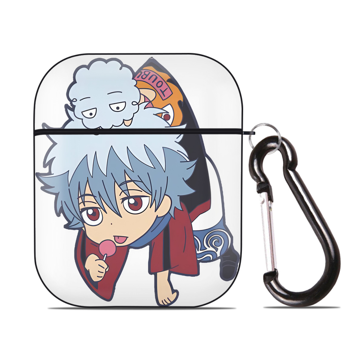 （画像用） ぎんたま 坂田銀時（さかたぎんとき） 神楽 志村新八（しむら しんぱち） GINTAMA Sakata Gintoki Kagura Shimura Shinpachi AirPods 第2世代保護ケース ハードシェル ブラック 耐衝撃・防指紋・カラビナ付き