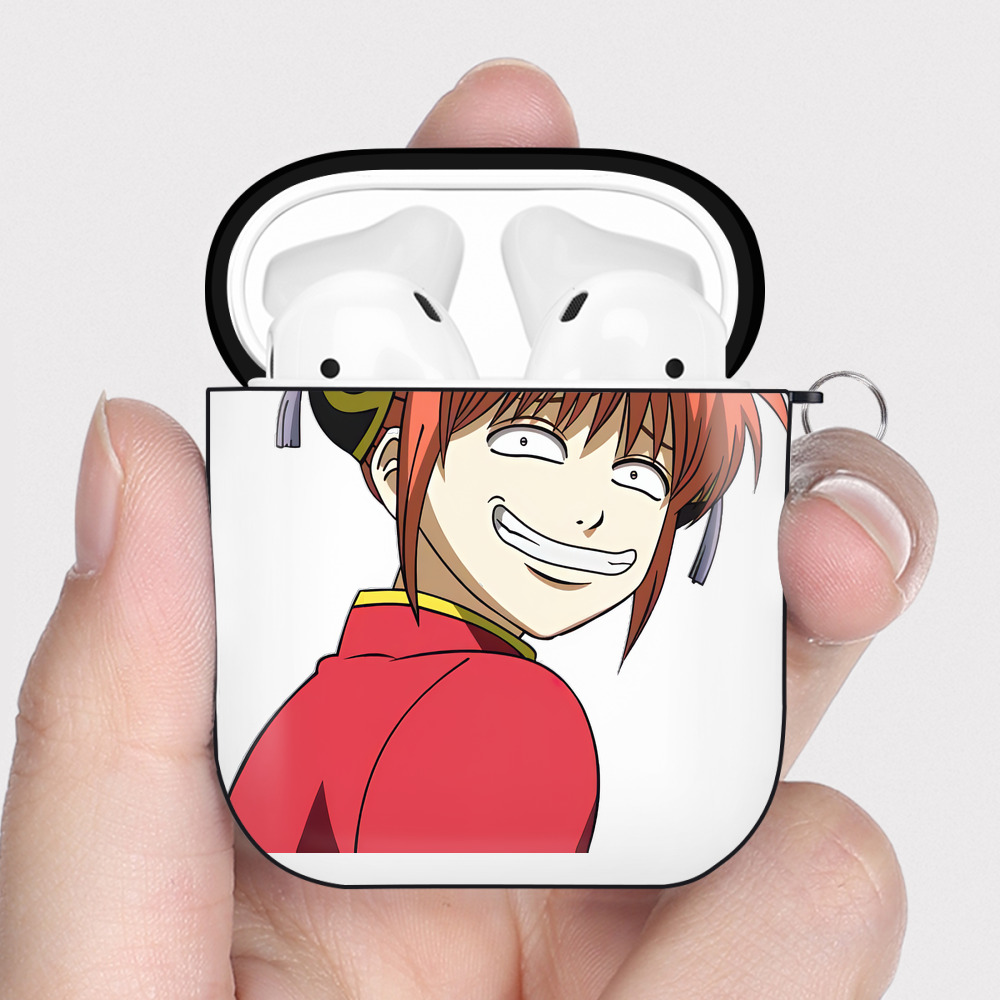 （画像用） ぎんたま 坂田銀時（さかたぎんとき） 神楽 志村新八（しむら しんぱち） GINTAMA Sakata Gintoki Kagura Shimura Shinpachi AirPods 第2世代保護ケース ハードシェル ブラック 耐衝撃・防指紋・カラビナ付き