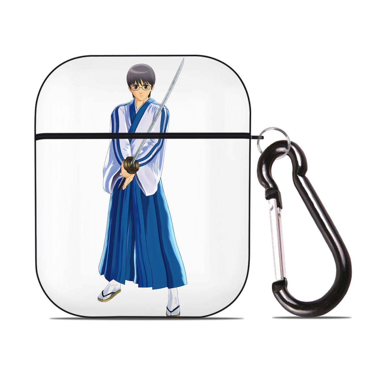 （画像用） ぎんたま 坂田銀時（さかたぎんとき） 神楽 志村新八（しむら しんぱち） GINTAMA Sakata Gintoki Kagura Shimura Shinpachi AirPods 第2世代保護ケース ハードシェル ブラック 耐衝撃・防指紋・カラビナ付き