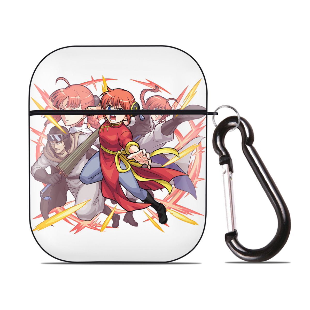 （画像用） ぎんたま 坂田銀時（さかたぎんとき） 神楽 志村新八（しむら しんぱち） GINTAMA Sakata Gintoki Kagura Shimura Shinpachi AirPods 第2世代保護ケース ハードシェル ブラック 耐衝撃・防指紋・カラビナ付き