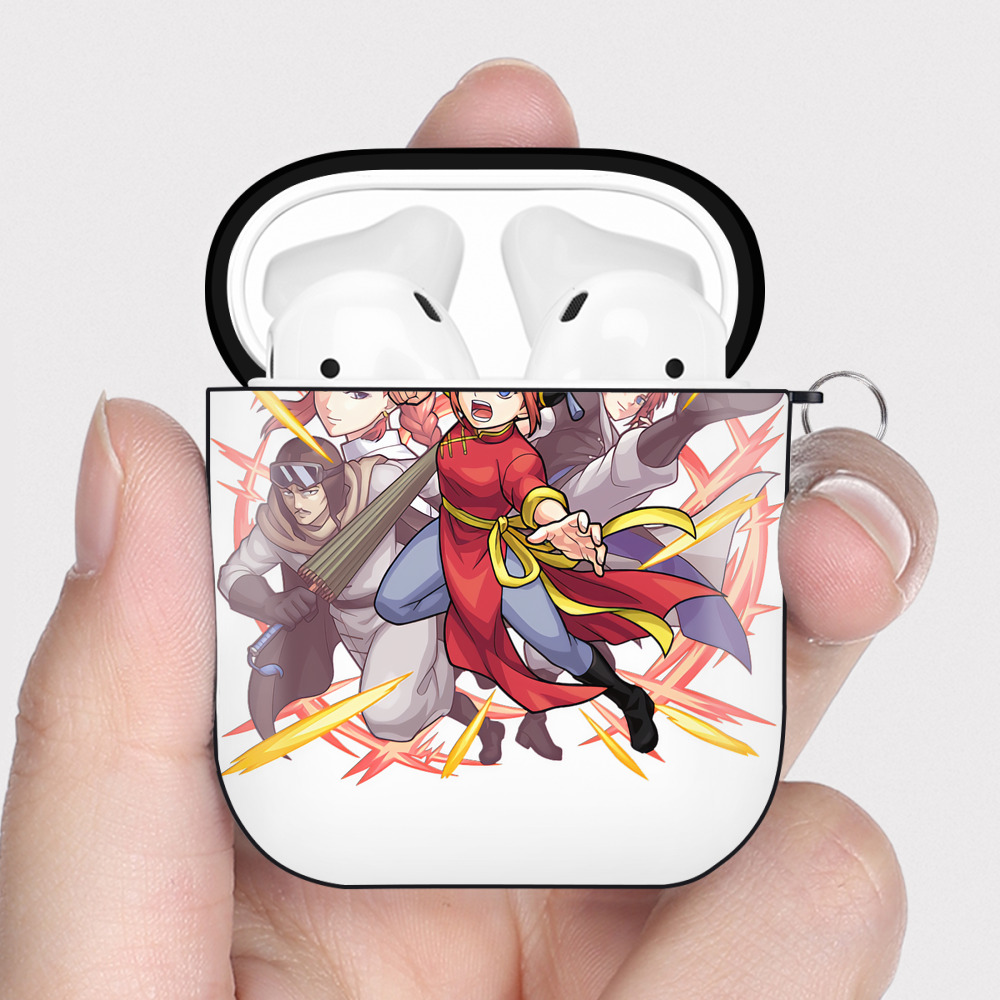 （画像用） ぎんたま 坂田銀時（さかたぎんとき） 神楽 志村新八（しむら しんぱち） GINTAMA Sakata Gintoki Kagura Shimura Shinpachi AirPods 第2世代保護ケース ハードシェル ブラック 耐衝撃・防指紋・カラビナ付き