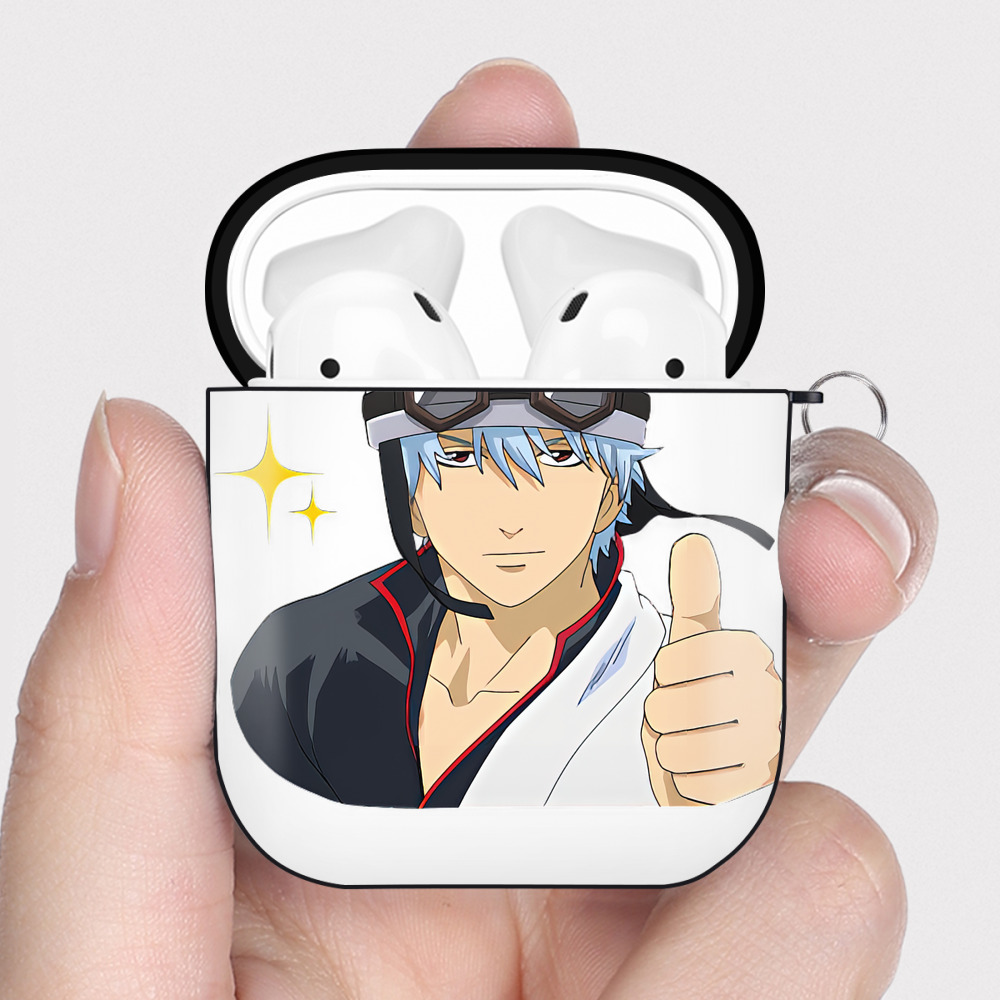 （画像用） ぎんたま 坂田銀時（さかたぎんとき） 神楽 志村新八（しむら しんぱち） GINTAMA Sakata Gintoki Kagura Shimura Shinpachi AirPods 第2世代保護ケース ハードシェル ブラック 耐衝撃・防指紋・カラビナ付き