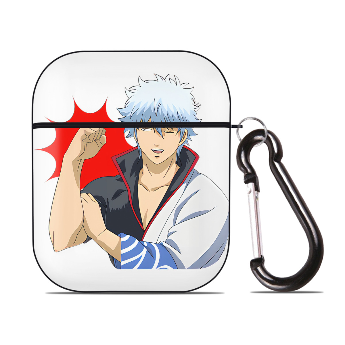 （画像用） ぎんたま 坂田銀時（さかたぎんとき） 神楽 志村新八（しむら しんぱち） GINTAMA Sakata Gintoki Kagura Shimura Shinpachi AirPods 第2世代保護ケース ハードシェル ブラック 耐衝撃・防指紋・カラビナ付き