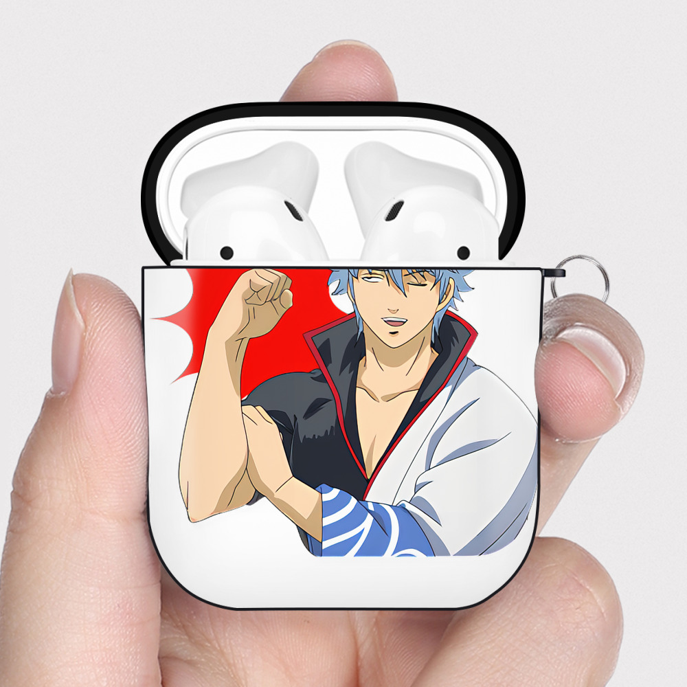 （画像用） ぎんたま 坂田銀時（さかたぎんとき） 神楽 志村新八（しむら しんぱち） GINTAMA Sakata Gintoki Kagura Shimura Shinpachi AirPods 第2世代保護ケース ハードシェル ブラック 耐衝撃・防指紋・カラビナ付き