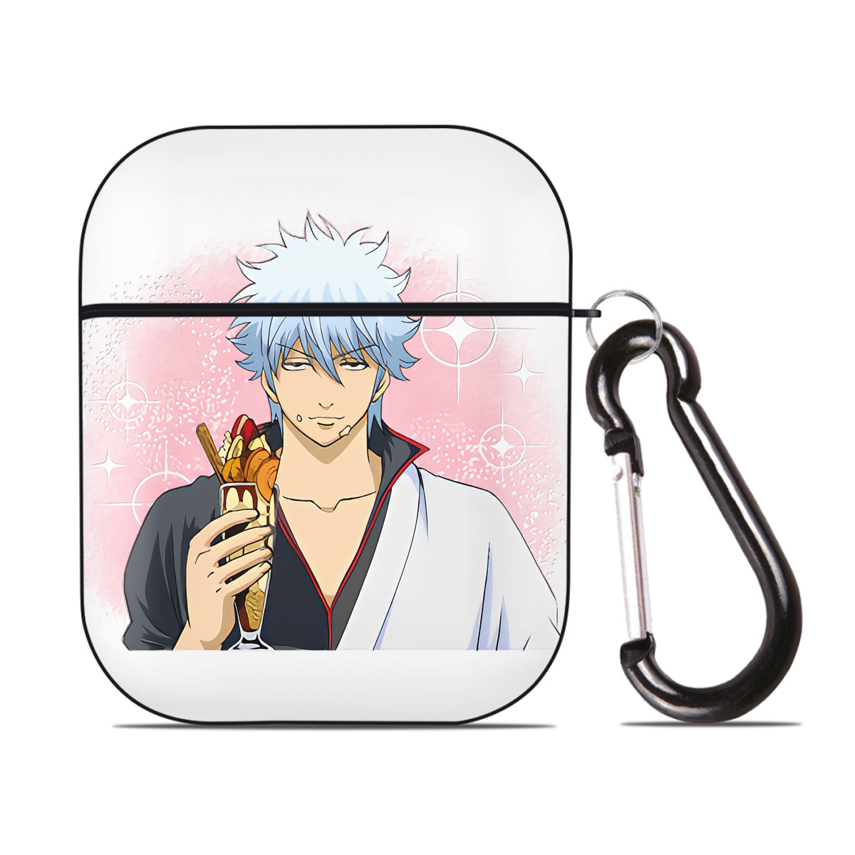 （画像用） ぎんたま 坂田銀時（さかたぎんとき） 神楽 志村新八（しむら しんぱち） GINTAMA Sakata Gintoki Kagura Shimura Shinpachi AirPods 第2世代保護ケース ハードシェル ブラック 耐衝撃・防指紋・カラビナ付き