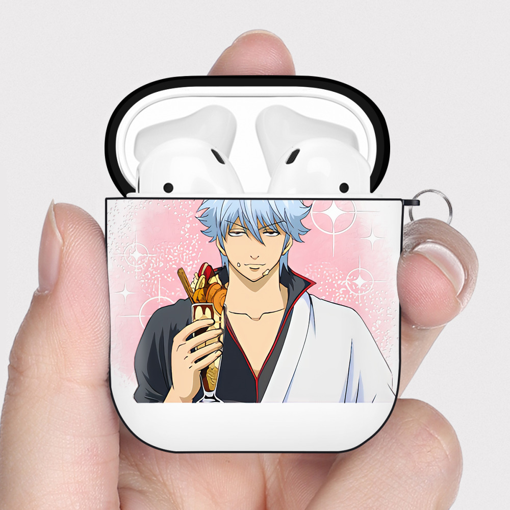 （画像用） ぎんたま 坂田銀時（さかたぎんとき） 神楽 志村新八（しむら しんぱち） GINTAMA Sakata Gintoki Kagura Shimura Shinpachi AirPods 第2世代保護ケース ハードシェル ブラック 耐衝撃・防指紋・カラビナ付き