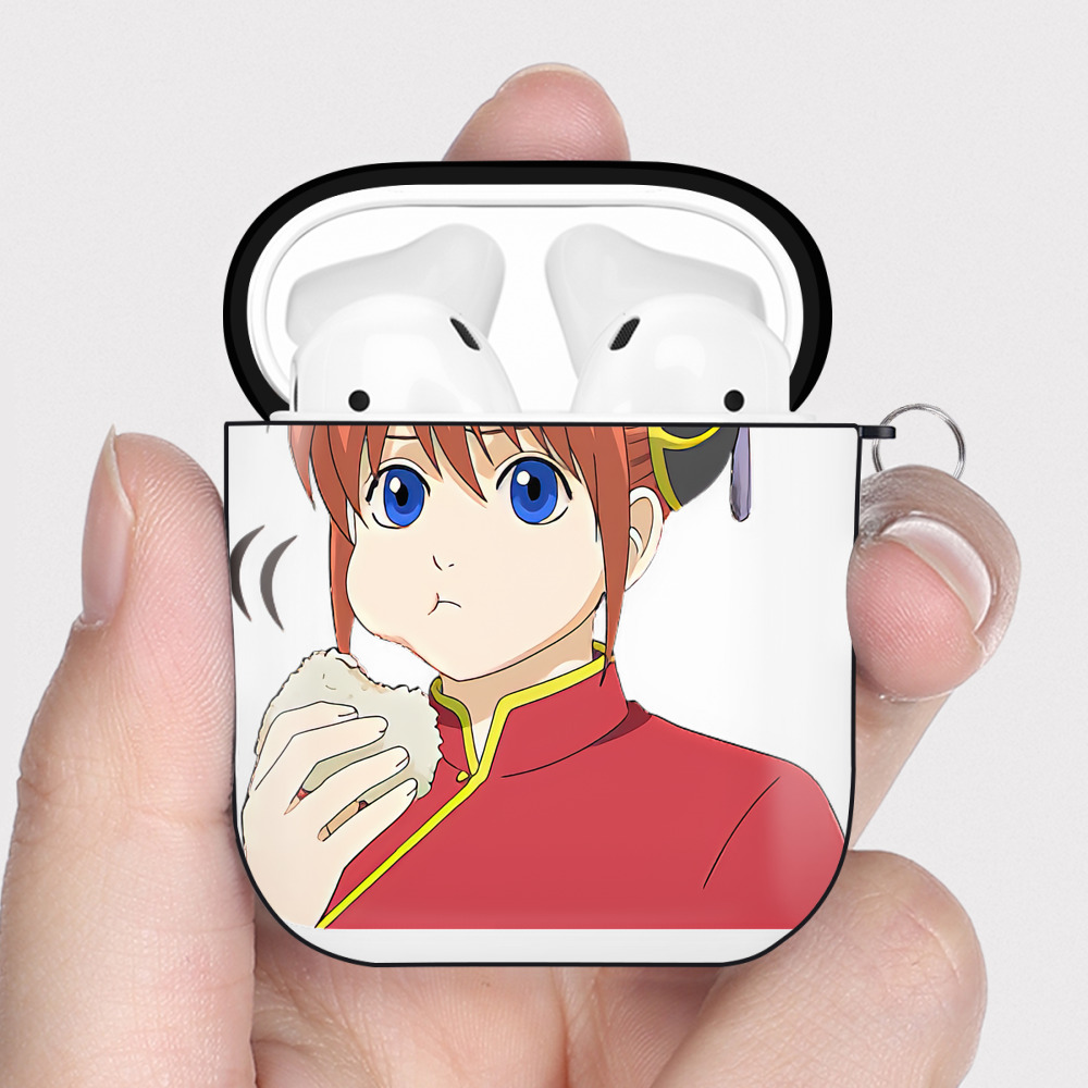 （画像用） ぎんたま 坂田銀時（さかたぎんとき） 神楽 志村新八（しむら しんぱち） GINTAMA Sakata Gintoki Kagura Shimura Shinpachi AirPods 第2世代保護ケース ハードシェル ブラック 耐衝撃・防指紋・カラビナ付き