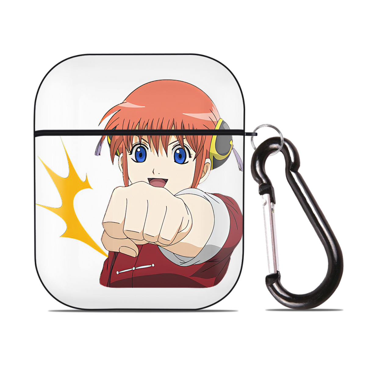 （画像用） ぎんたま 坂田銀時（さかたぎんとき） 神楽 志村新八（しむら しんぱち） GINTAMA Sakata Gintoki Kagura Shimura Shinpachi AirPods 第2世代保護ケース ハードシェル ブラック 耐衝撃・防指紋・カラビナ付き
