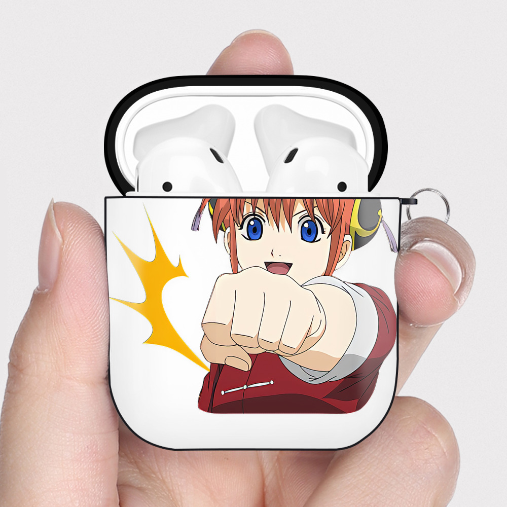（画像用） ぎんたま 坂田銀時（さかたぎんとき） 神楽 志村新八（しむら しんぱち） GINTAMA Sakata Gintoki Kagura Shimura Shinpachi AirPods 第2世代保護ケース ハードシェル ブラック 耐衝撃・防指紋・カラビナ付き