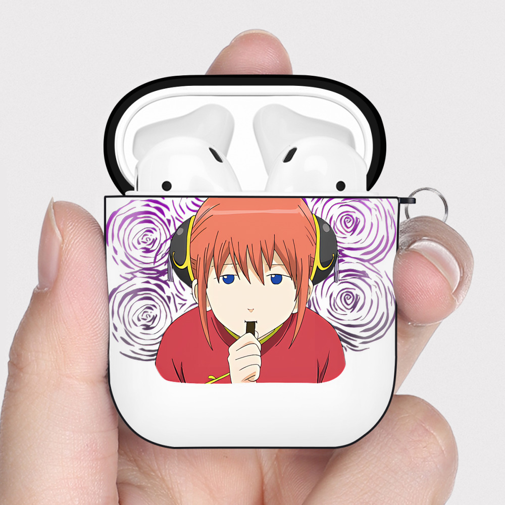 （画像用） ぎんたま 坂田銀時（さかたぎんとき） 神楽 志村新八（しむら しんぱち） GINTAMA Sakata Gintoki Kagura Shimura Shinpachi AirPods 第2世代保護ケース ハードシェル ブラック 耐衝撃・防指紋・カラビナ付き