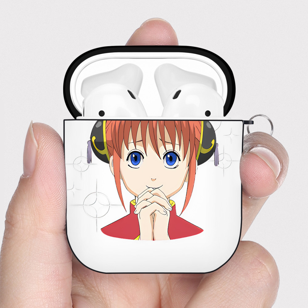 （画像用） ぎんたま 坂田銀時（さかたぎんとき） 神楽 志村新八（しむら しんぱち） GINTAMA Sakata Gintoki Kagura Shimura Shinpachi AirPods 第2世代保護ケース ハードシェル ブラック 耐衝撃・防指紋・カラビナ付き