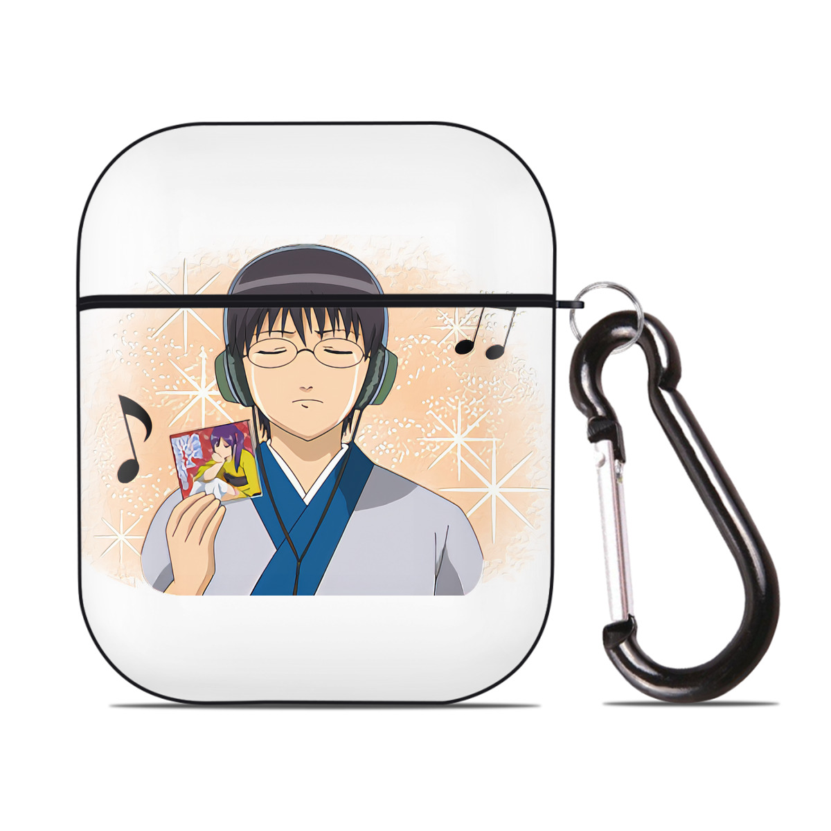 （画像用） ぎんたま 坂田銀時（さかたぎんとき） 神楽 志村新八（しむら しんぱち） GINTAMA Sakata Gintoki Kagura Shimura Shinpachi AirPods 第2世代保護ケース ハードシェル ブラック 耐衝撃・防指紋・カラビナ付き