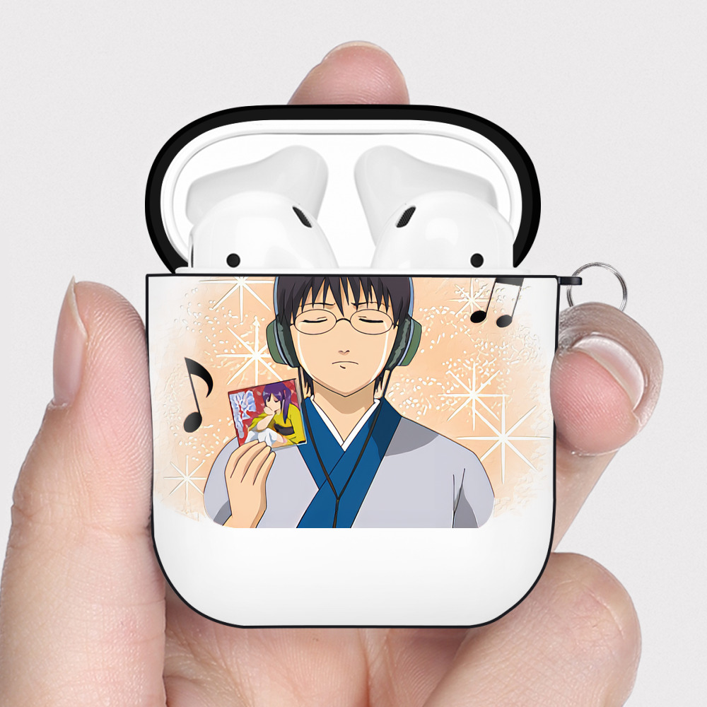 （画像用） ぎんたま 坂田銀時（さかたぎんとき） 神楽 志村新八（しむら しんぱち） GINTAMA Sakata Gintoki Kagura Shimura Shinpachi AirPods 第2世代保護ケース ハードシェル ブラック 耐衝撃・防指紋・カラビナ付き