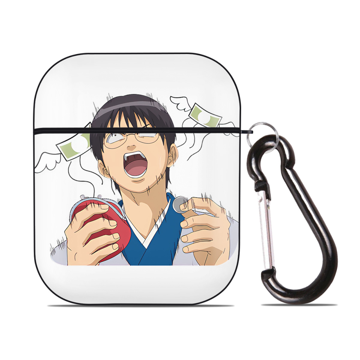 （画像用） ぎんたま 坂田銀時（さかたぎんとき） 神楽 志村新八（しむら しんぱち） GINTAMA Sakata Gintoki Kagura Shimura Shinpachi AirPods 第2世代保護ケース ハードシェル ブラック 耐衝撃・防指紋・カラビナ付き