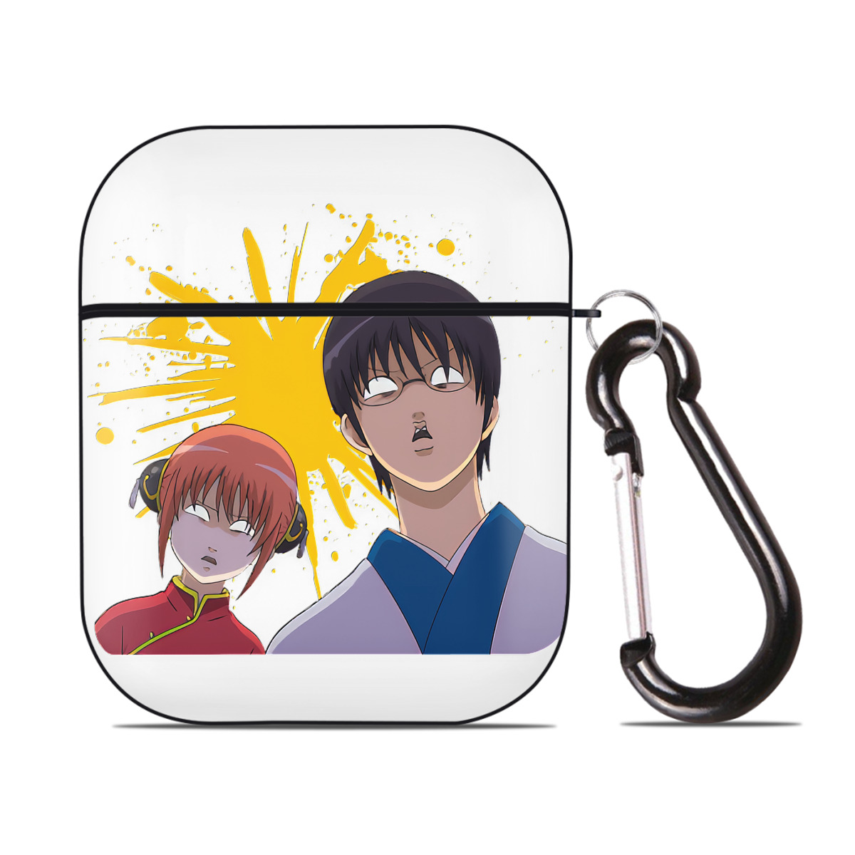 （画像用） ぎんたま 坂田銀時（さかたぎんとき） 神楽 志村新八（しむら しんぱち） GINTAMA Sakata Gintoki Kagura Shimura Shinpachi AirPods 第2世代保護ケース ハードシェル ブラック 耐衝撃・防指紋・カラビナ付き