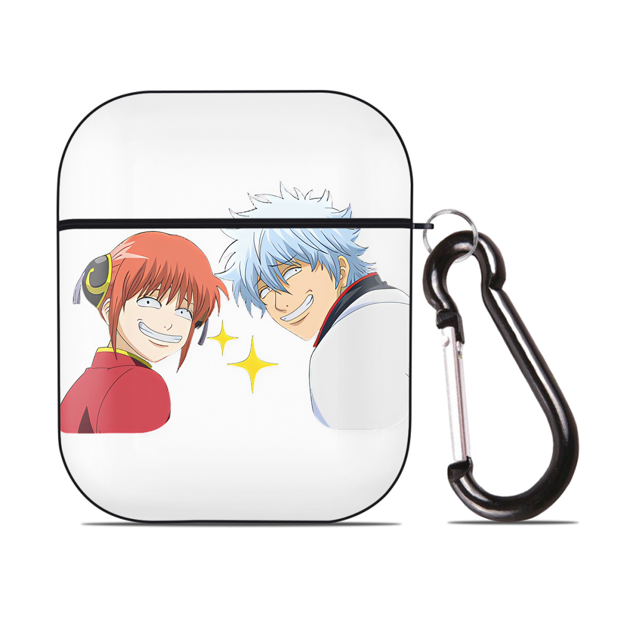（画像用） ぎんたま 坂田銀時（さかたぎんとき） 神楽 志村新八（しむら しんぱち） GINTAMA Sakata Gintoki Kagura Shimura Shinpachi AirPods 第2世代保護ケース ハードシェル ブラック 耐衝撃・防指紋・カラビナ付き