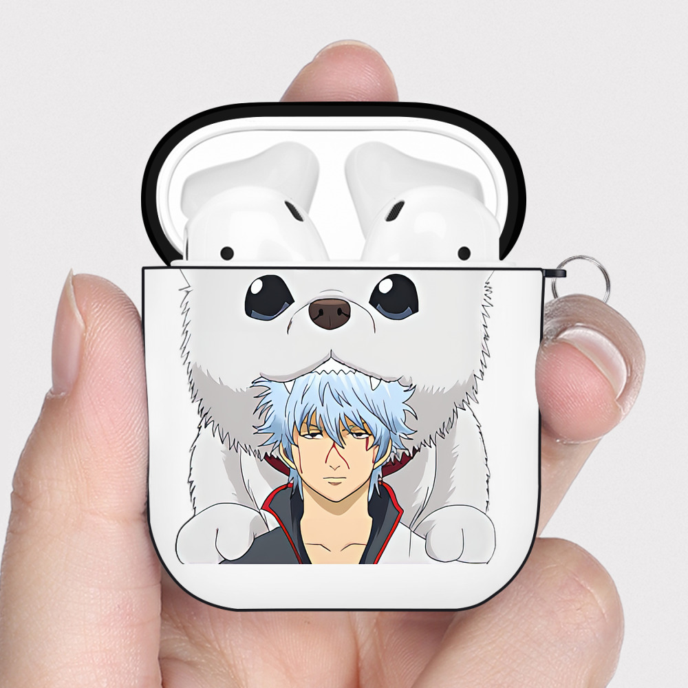 （画像用） ぎんたま 坂田銀時（さかたぎんとき） 神楽 志村新八（しむら しんぱち） GINTAMA Sakata Gintoki Kagura Shimura Shinpachi AirPods 第2世代保護ケース ハードシェル ブラック 耐衝撃・防指紋・カラビナ付き