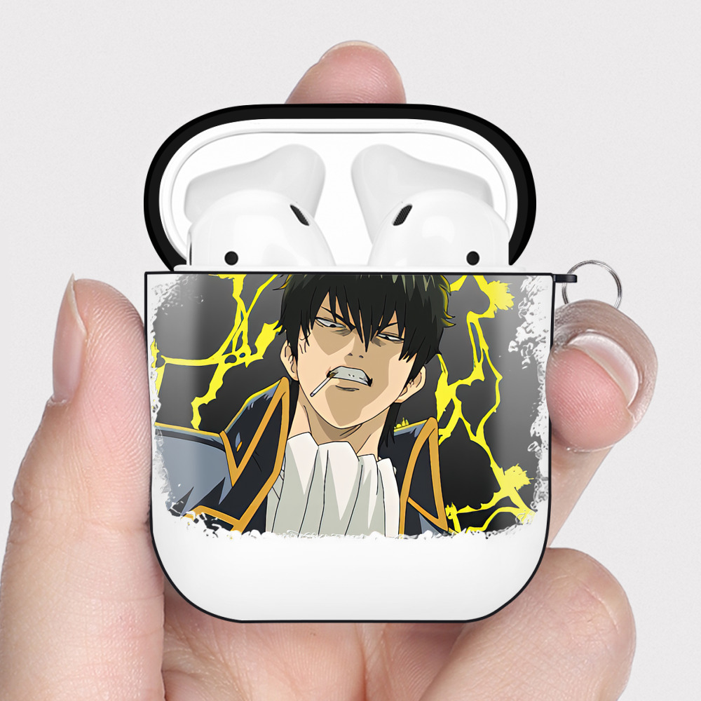 （画像用） ぎんたま 坂田銀時（さかたぎんとき） 神楽 志村新八（しむら しんぱち） GINTAMA Sakata Gintoki Kagura Shimura Shinpachi AirPods 第2世代保護ケース ハードシェル ブラック 耐衝撃・防指紋・カラビナ付き