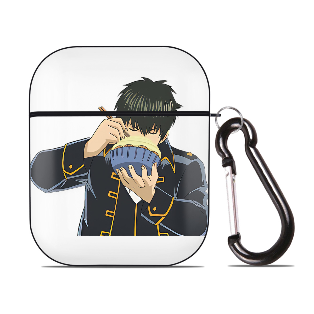 （画像用） ぎんたま 坂田銀時（さかたぎんとき） 神楽 志村新八（しむら しんぱち） GINTAMA Sakata Gintoki Kagura Shimura Shinpachi AirPods 第2世代保護ケース ハードシェル ブラック 耐衝撃・防指紋・カラビナ付き