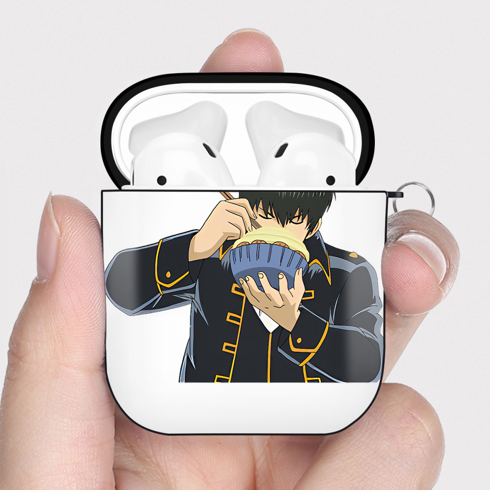（画像用） ぎんたま 坂田銀時（さかたぎんとき） 神楽 志村新八（しむら しんぱち） GINTAMA Sakata Gintoki Kagura Shimura Shinpachi AirPods 第2世代保護ケース ハードシェル ブラック 耐衝撃・防指紋・カラビナ付き