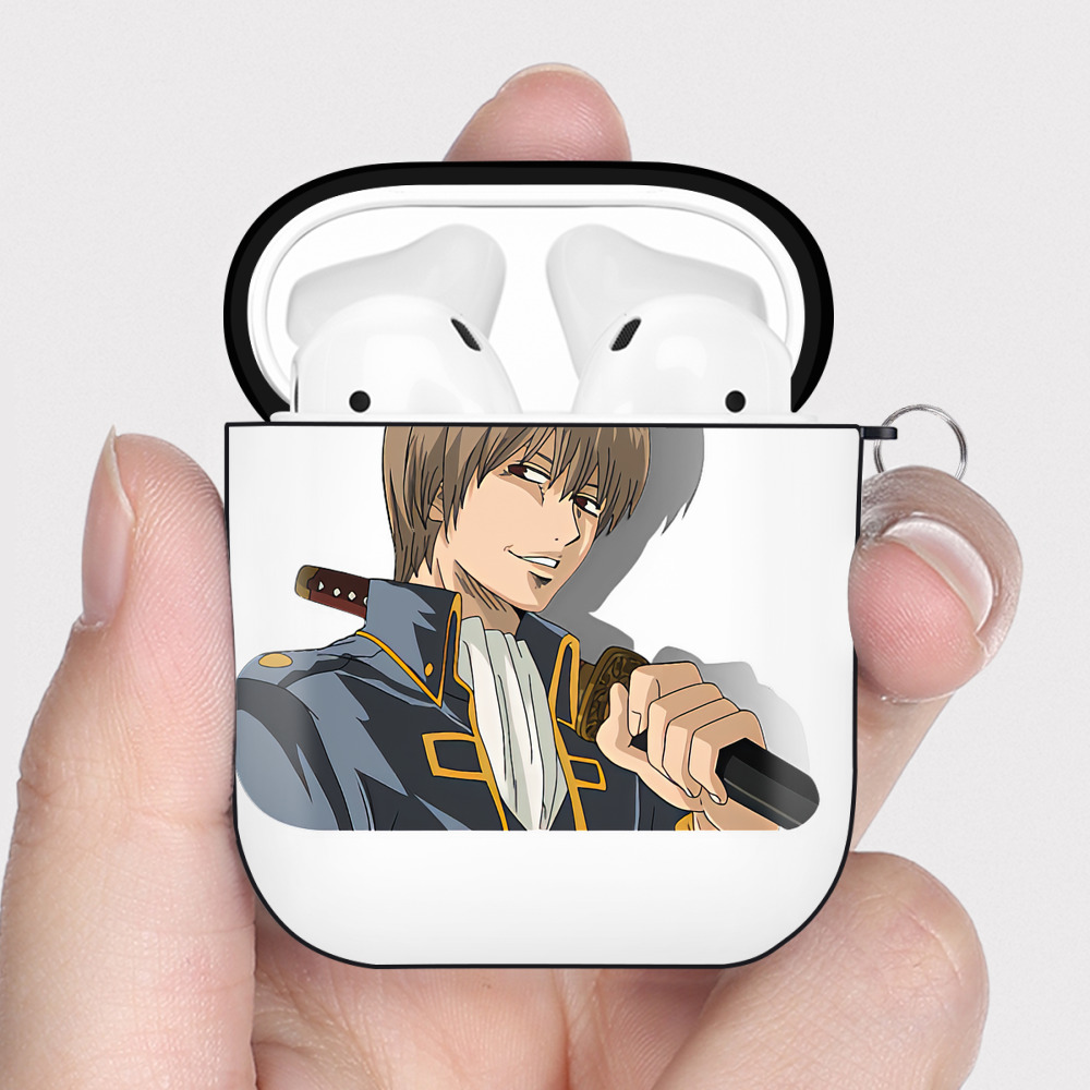 （画像用） ぎんたま 坂田銀時（さかたぎんとき） 神楽 志村新八（しむら しんぱち） GINTAMA Sakata Gintoki Kagura Shimura Shinpachi AirPods 第2世代保護ケース ハードシェル ブラック 耐衝撃・防指紋・カラビナ付き