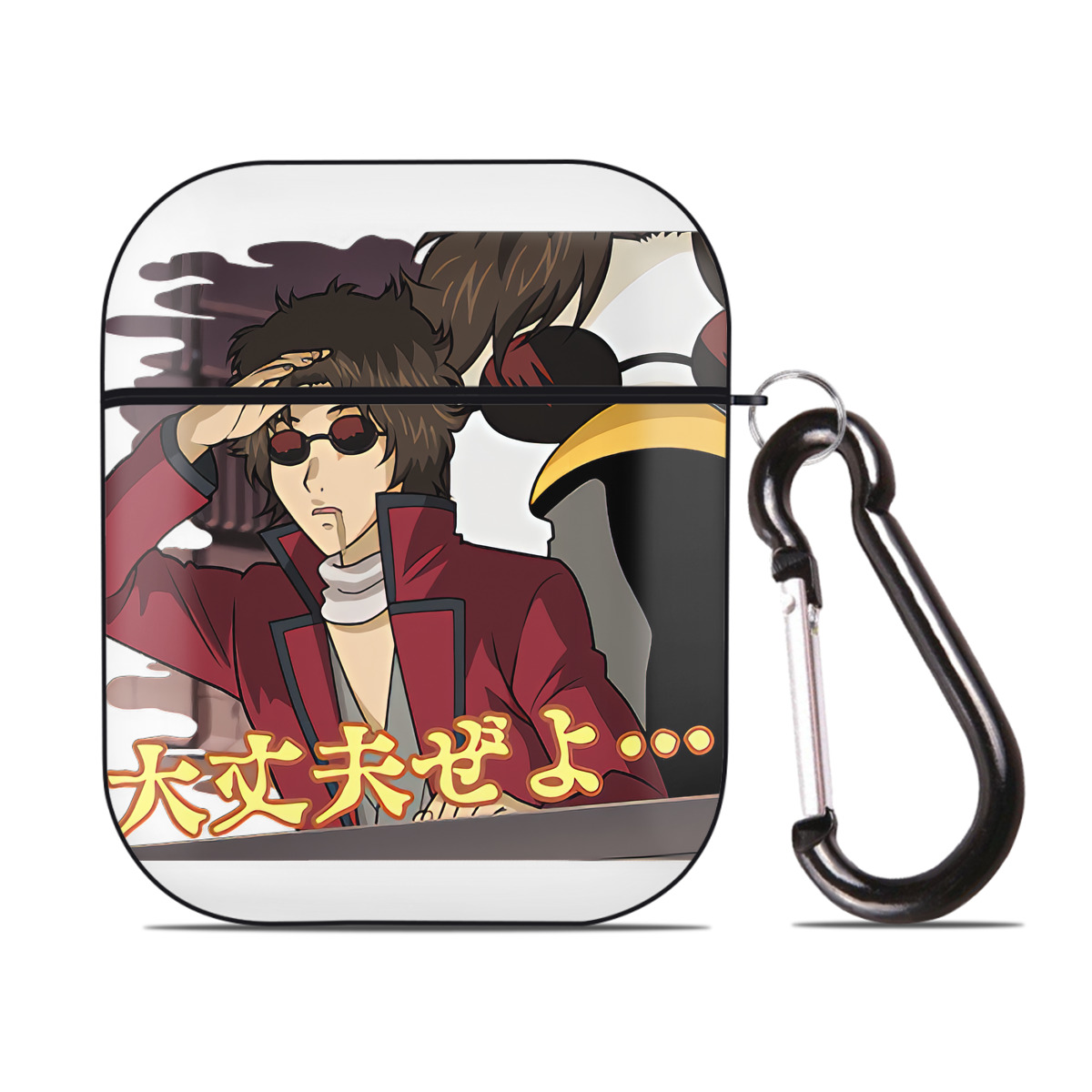 （画像用） ぎんたま 坂田銀時（さかたぎんとき） 神楽 志村新八（しむら しんぱち） GINTAMA Sakata Gintoki Kagura Shimura Shinpachi AirPods 第2世代保護ケース ハードシェル ブラック 耐衝撃・防指紋・カラビナ付き