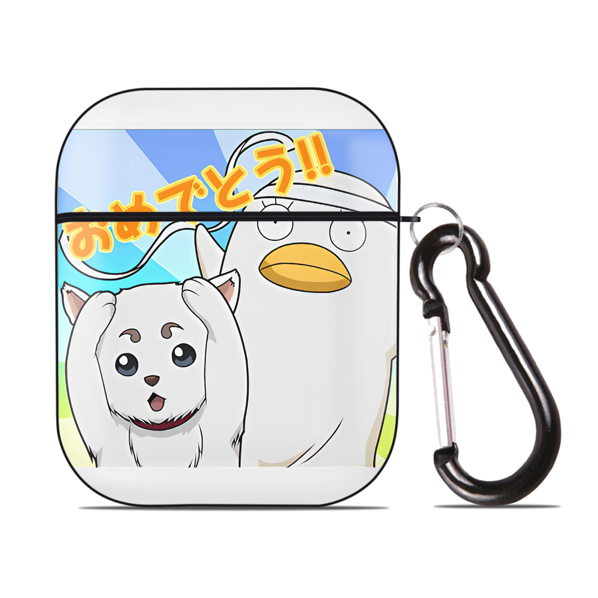 （画像用） ぎんたま 坂田銀時（さかたぎんとき） 神楽 志村新八（しむら しんぱち） GINTAMA Sakata Gintoki Kagura Shimura Shinpachi AirPods 第2世代保護ケース ハードシェル ブラック 耐衝撃・防指紋・カラビナ付き