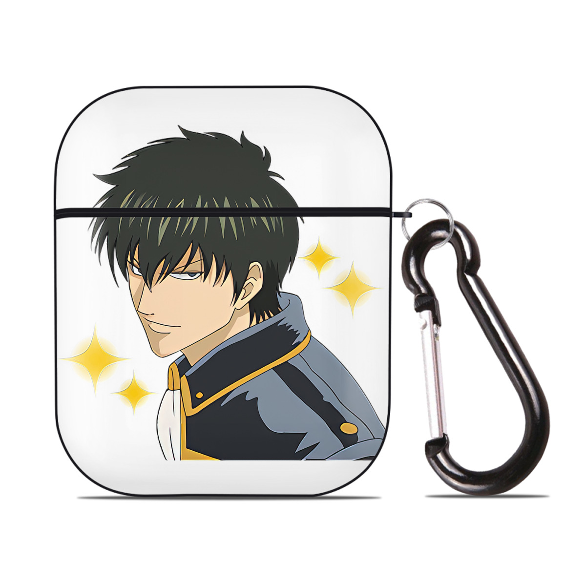 （画像用） ぎんたま 坂田銀時（さかたぎんとき） 神楽 志村新八（しむら しんぱち） GINTAMA Sakata Gintoki Kagura Shimura Shinpachi AirPods 第2世代保護ケース ハードシェル ブラック 耐衝撃・防指紋・カラビナ付き