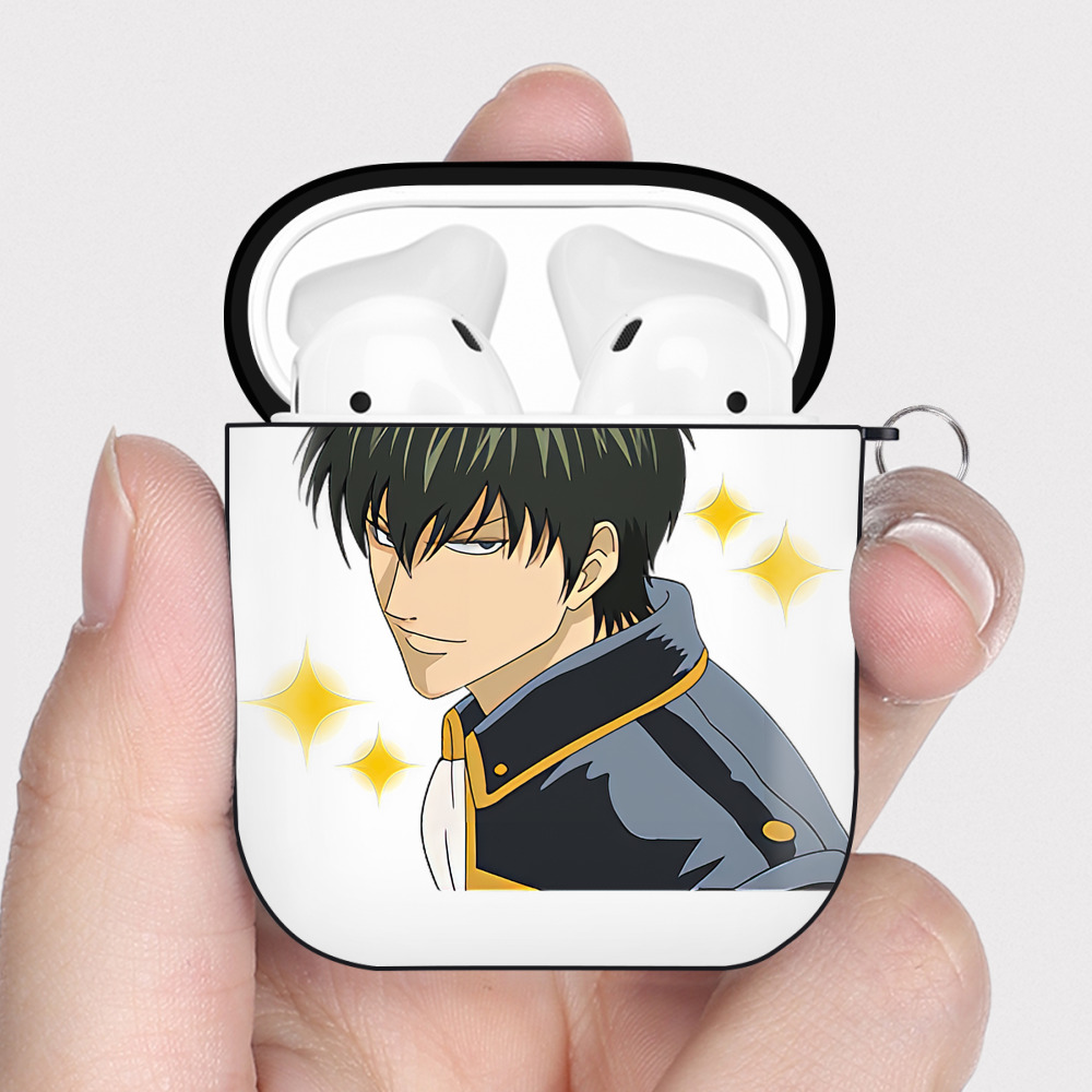 （画像用） ぎんたま 坂田銀時（さかたぎんとき） 神楽 志村新八（しむら しんぱち） GINTAMA Sakata Gintoki Kagura Shimura Shinpachi AirPods 第2世代保護ケース ハードシェル ブラック 耐衝撃・防指紋・カラビナ付き