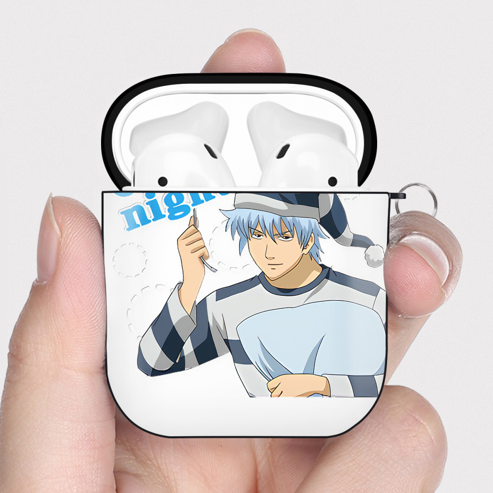 （画像用） ぎんたま 坂田銀時（さかたぎんとき） 神楽 志村新八（しむら しんぱち） GINTAMA Sakata Gintoki Kagura Shimura Shinpachi AirPods 第2世代保護ケース ハードシェル ブラック 耐衝撃・防指紋・カラビナ付き
