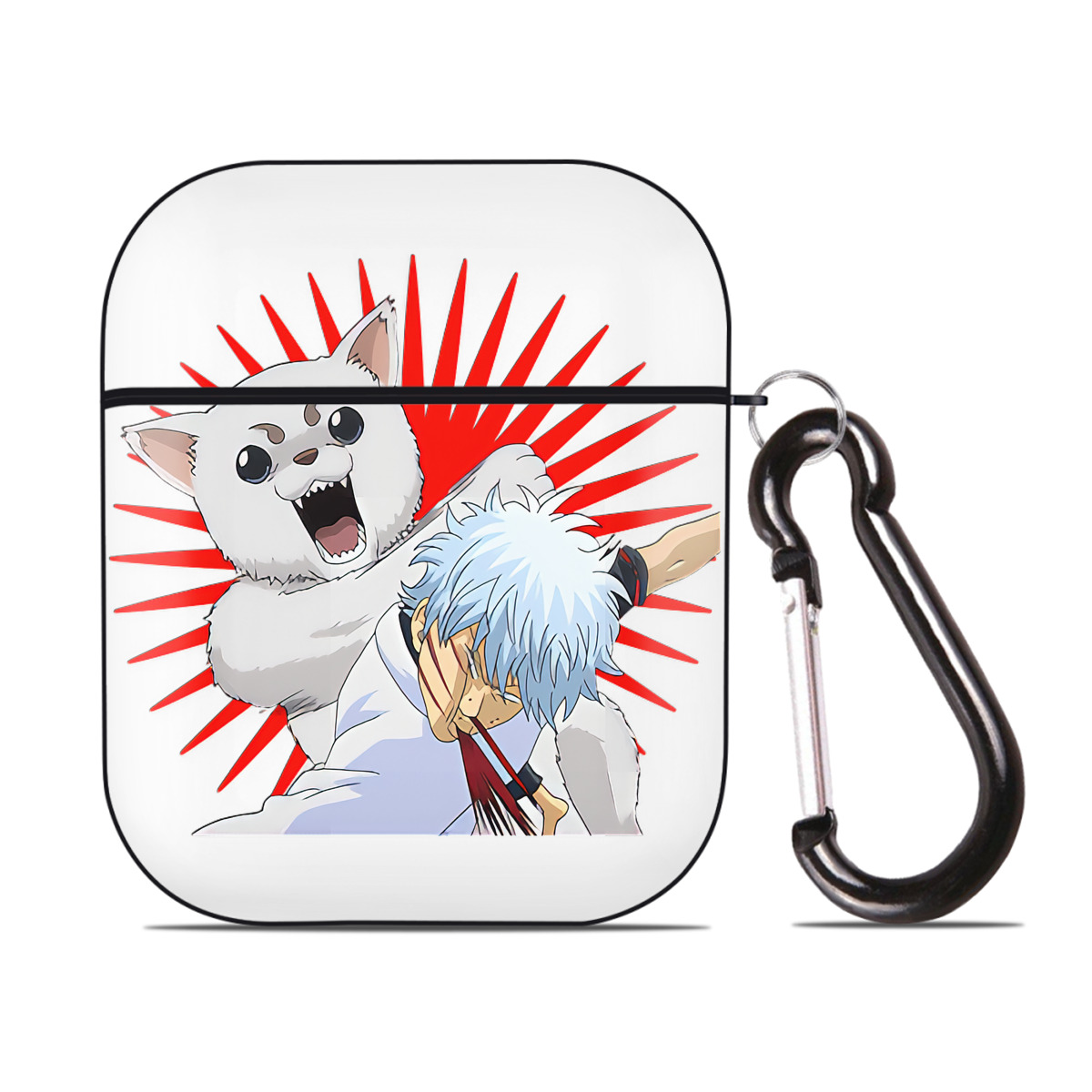 （画像用） ぎんたま 坂田銀時（さかたぎんとき） 神楽 志村新八（しむら しんぱち） GINTAMA Sakata Gintoki Kagura Shimura Shinpachi AirPods 第2世代保護ケース ハードシェル ブラック 耐衝撃・防指紋・カラビナ付き