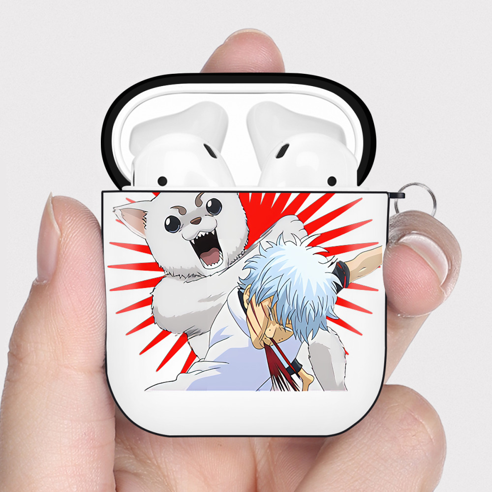 （画像用） ぎんたま 坂田銀時（さかたぎんとき） 神楽 志村新八（しむら しんぱち） GINTAMA Sakata Gintoki Kagura Shimura Shinpachi AirPods 第2世代保護ケース ハードシェル ブラック 耐衝撃・防指紋・カラビナ付き