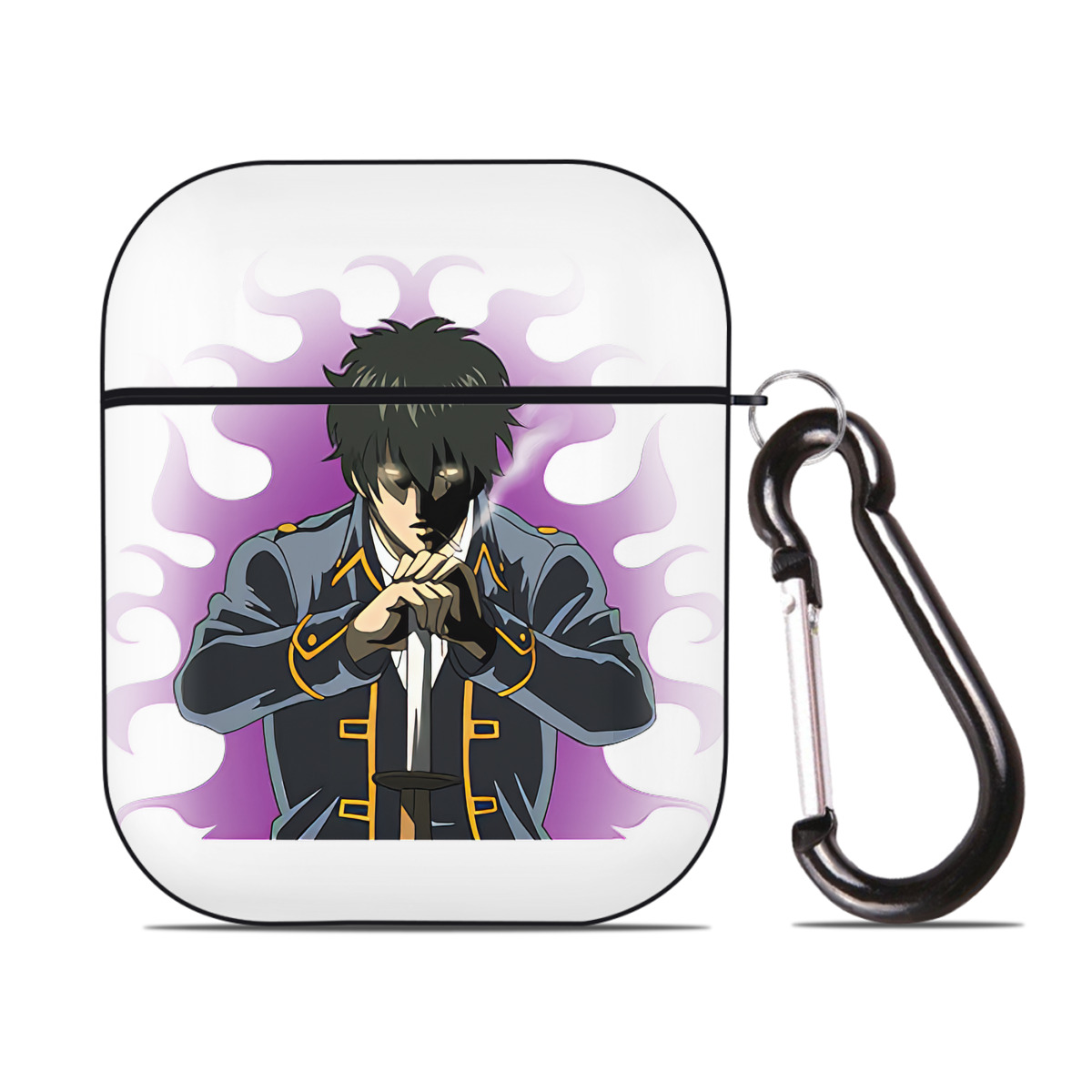 （画像用） ぎんたま 坂田銀時（さかたぎんとき） 神楽 志村新八（しむら しんぱち） GINTAMA Sakata Gintoki Kagura Shimura Shinpachi AirPods 第2世代保護ケース ハードシェル ブラック 耐衝撃・防指紋・カラビナ付き