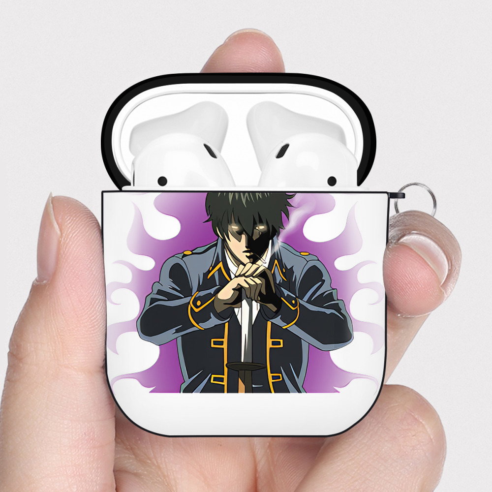 （画像用） ぎんたま 坂田銀時（さかたぎんとき） 神楽 志村新八（しむら しんぱち） GINTAMA Sakata Gintoki Kagura Shimura Shinpachi AirPods 第2世代保護ケース ハードシェル ブラック 耐衝撃・防指紋・カラビナ付き