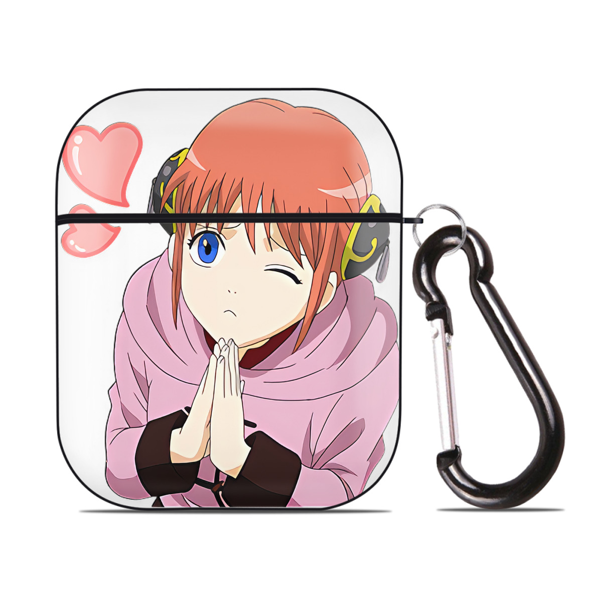 （画像用） ぎんたま 坂田銀時（さかたぎんとき） 神楽 志村新八（しむら しんぱち） GINTAMA Sakata Gintoki Kagura Shimura Shinpachi AirPods 第2世代保護ケース ハードシェル ブラック 耐衝撃・防指紋・カラビナ付き