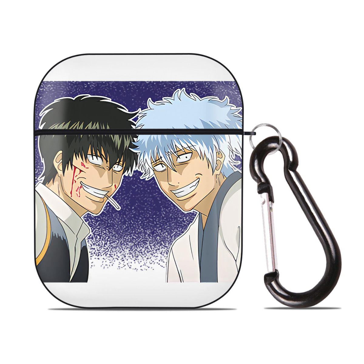 （画像用） ぎんたま 坂田銀時（さかたぎんとき） 神楽 志村新八（しむら しんぱち） GINTAMA Sakata Gintoki Kagura Shimura Shinpachi AirPods 第2世代保護ケース ハードシェル ブラック 耐衝撃・防指紋・カラビナ付き