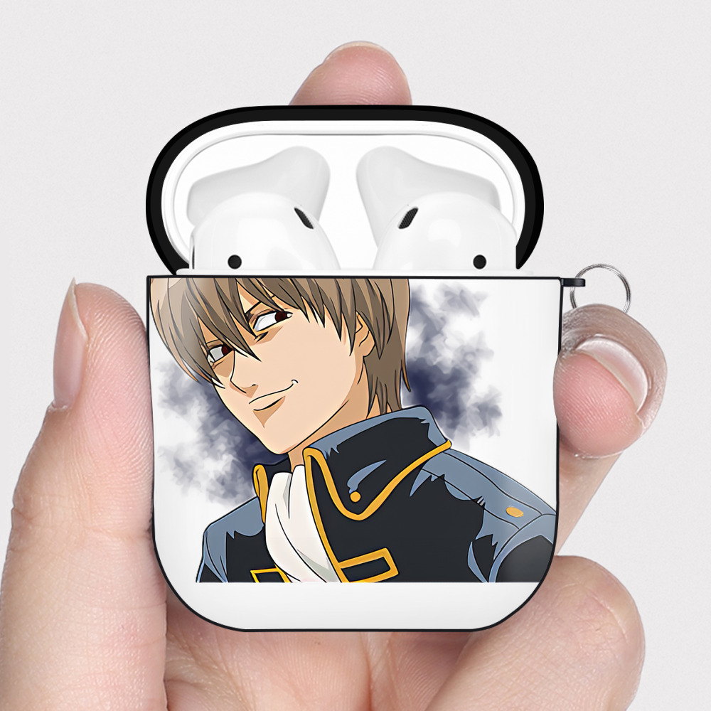 （画像用） ぎんたま 坂田銀時（さかたぎんとき） 神楽 志村新八（しむら しんぱち） GINTAMA Sakata Gintoki Kagura Shimura Shinpachi AirPods 第2世代保護ケース ハードシェル ブラック 耐衝撃・防指紋・カラビナ付き