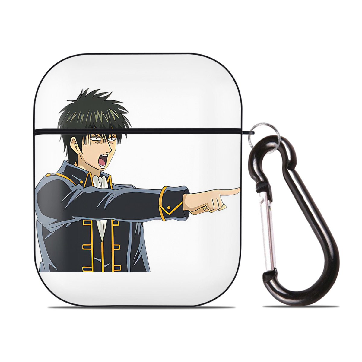 （画像用） ぎんたま 坂田銀時（さかたぎんとき） 神楽 志村新八（しむら しんぱち） GINTAMA Sakata Gintoki Kagura Shimura Shinpachi AirPods 第2世代保護ケース ハードシェル ブラック 耐衝撃・防指紋・カラビナ付き