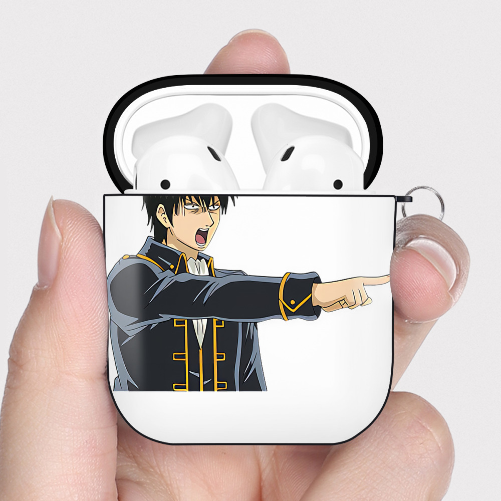 （画像用） ぎんたま 坂田銀時（さかたぎんとき） 神楽 志村新八（しむら しんぱち） GINTAMA Sakata Gintoki Kagura Shimura Shinpachi AirPods 第2世代保護ケース ハードシェル ブラック 耐衝撃・防指紋・カラビナ付き