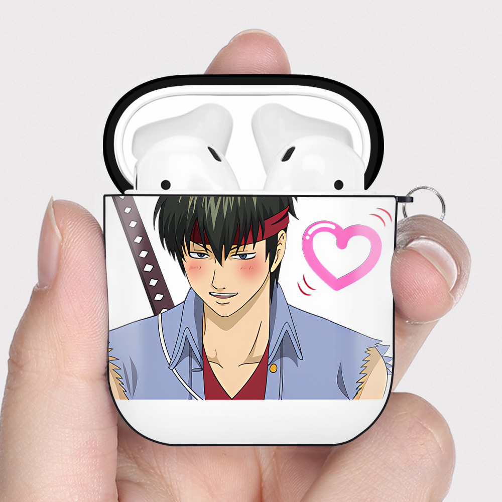 （画像用） ぎんたま 坂田銀時（さかたぎんとき） 神楽 志村新八（しむら しんぱち） GINTAMA Sakata Gintoki Kagura Shimura Shinpachi AirPods 第2世代保護ケース ハードシェル ブラック 耐衝撃・防指紋・カラビナ付き
