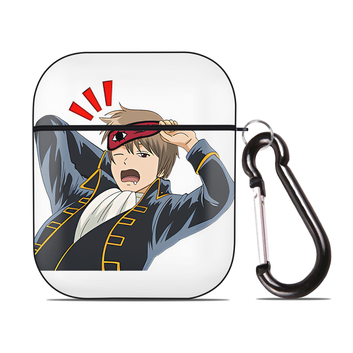 （画像用） ぎんたま 坂田銀時（さかたぎんとき） 神楽 志村新八（しむら しんぱち） GINTAMA Sakata Gintoki Kagura Shimura Shinpachi AirPods 第2世代保護ケース ハードシェル ブラック 耐衝撃・防指紋・カラビナ付き