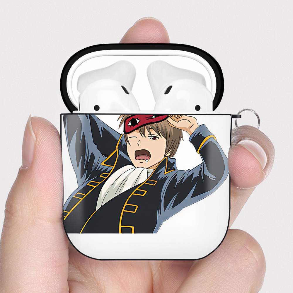 （画像用） ぎんたま 坂田銀時（さかたぎんとき） 神楽 志村新八（しむら しんぱち） GINTAMA Sakata Gintoki Kagura Shimura Shinpachi AirPods 第2世代保護ケース ハードシェル ブラック 耐衝撃・防指紋・カラビナ付き