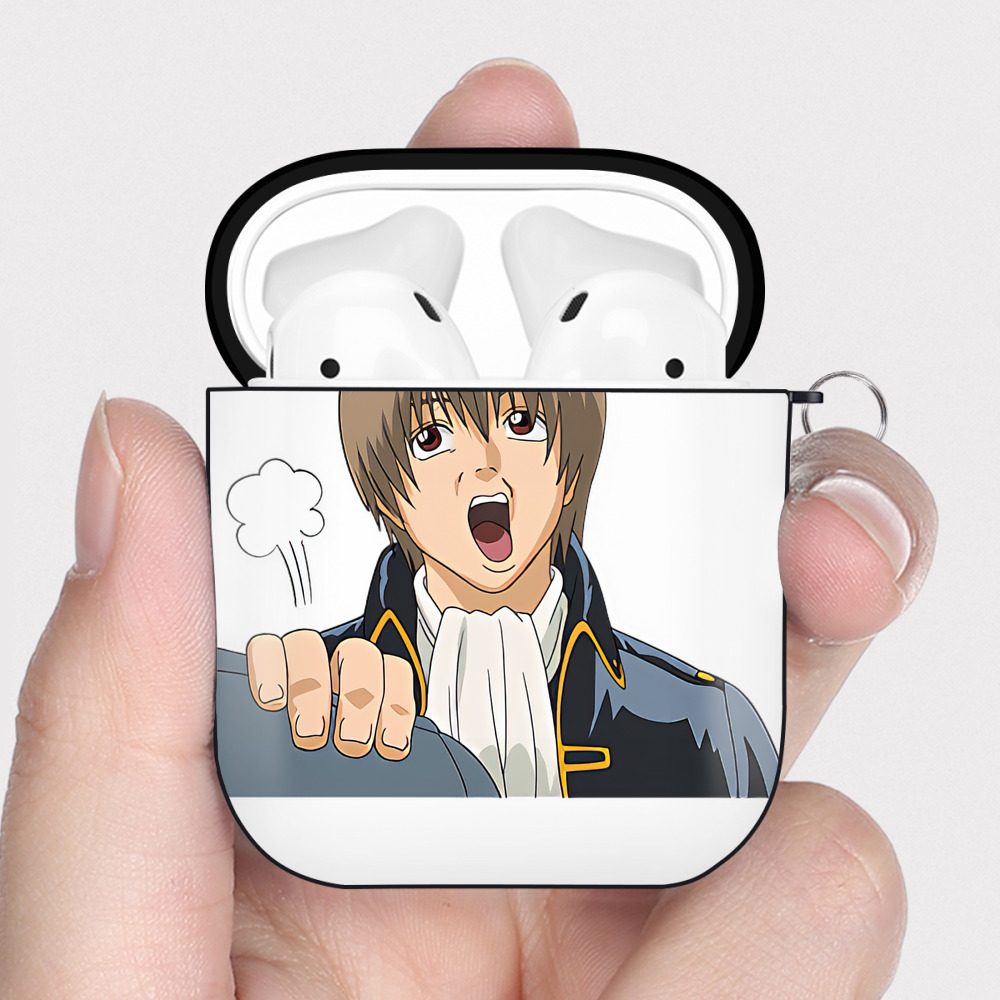 （画像用） ぎんたま 坂田銀時（さかたぎんとき） 神楽 志村新八（しむら しんぱち） GINTAMA Sakata Gintoki Kagura Shimura Shinpachi AirPods 第2世代保護ケース ハードシェル ブラック 耐衝撃・防指紋・カラビナ付き