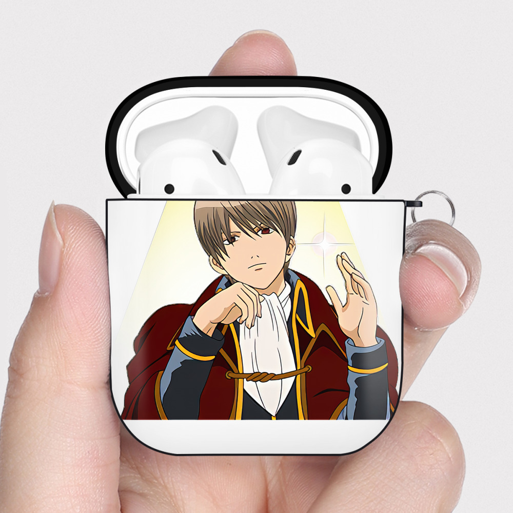 （画像用） ぎんたま 坂田銀時（さかたぎんとき） 神楽 志村新八（しむら しんぱち） GINTAMA Sakata Gintoki Kagura Shimura Shinpachi AirPods 第2世代保護ケース ハードシェル ブラック 耐衝撃・防指紋・カラビナ付き