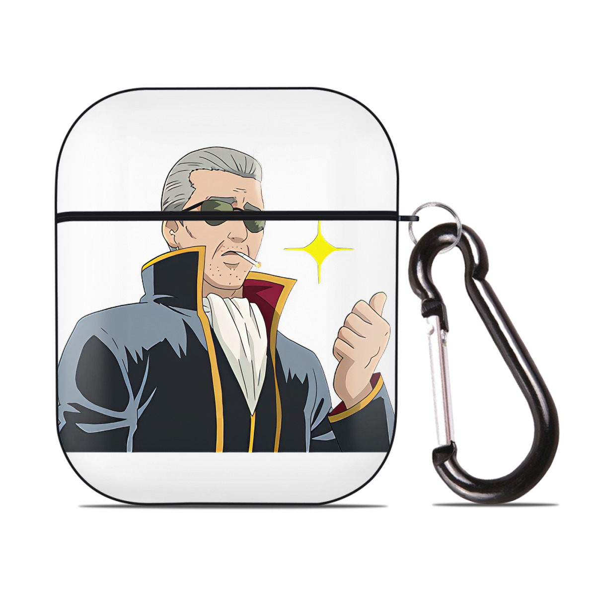 （画像用） ぎんたま 坂田銀時（さかたぎんとき） 神楽 志村新八（しむら しんぱち） GINTAMA Sakata Gintoki Kagura Shimura Shinpachi AirPods 第2世代保護ケース ハードシェル ブラック 耐衝撃・防指紋・カラビナ付き
